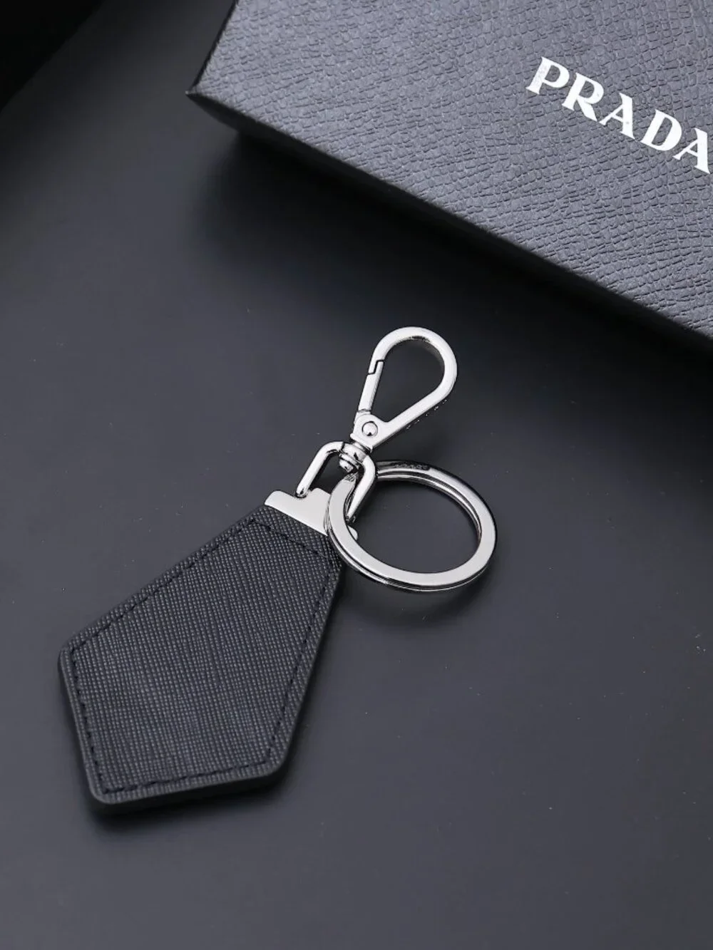 ✨ Prada Black Triangle Logo Leather Keychain